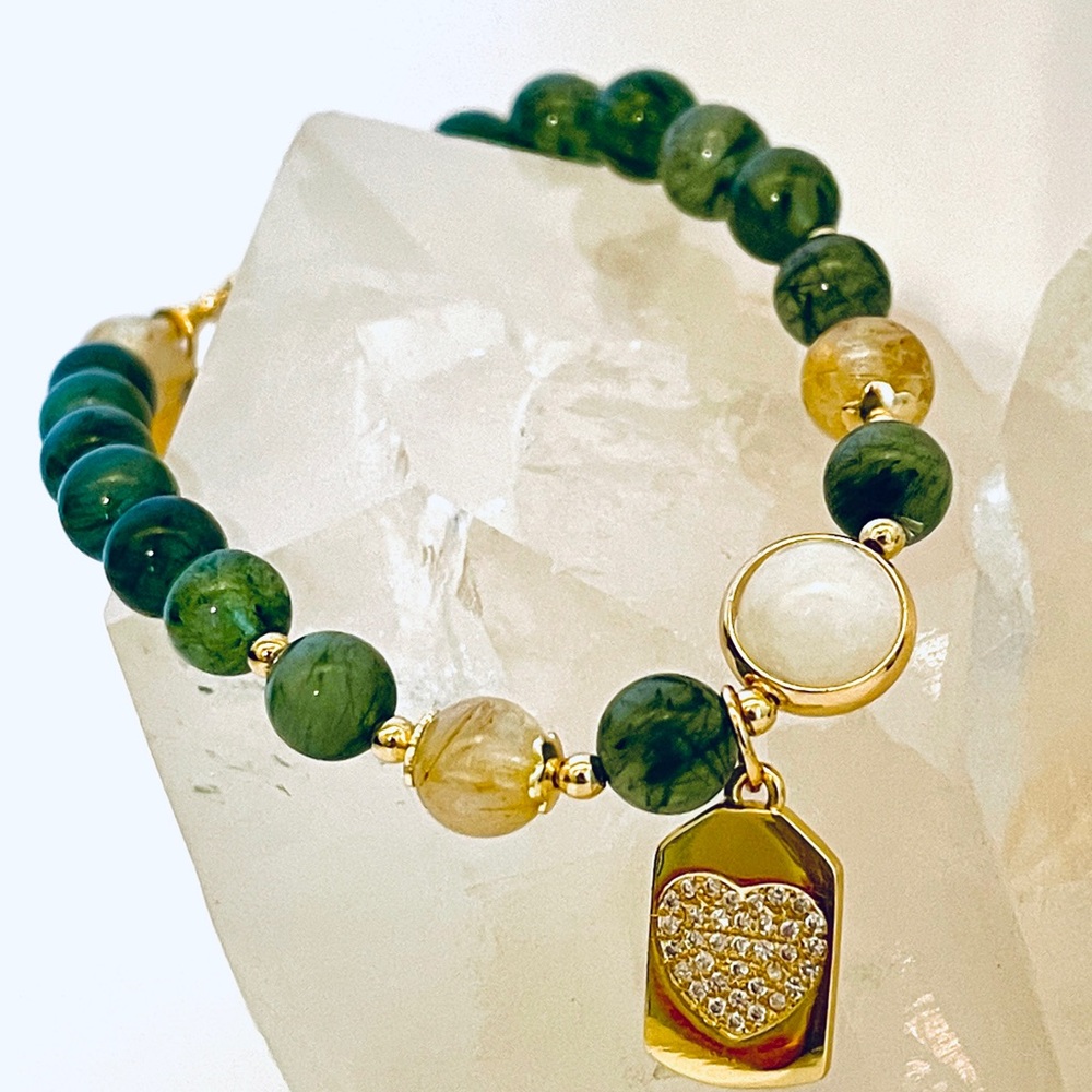 GENUINE GEMSTONE AVENTURINE QUARTZ CRYSTAL, HEART TAG CHARM BEAD BRACELET